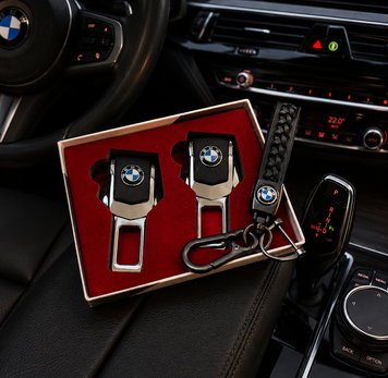 Подарунковий набір BMW заглушки ременів безпеки + шкіряний брелок для ключів