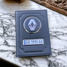 Кожаная обложка для автодокументов RENAULT с логотимом и гос.номером авто