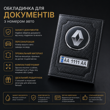 Шкіряна обкладинка для автодокументів RENAULT з логотимом і держ.номером авто