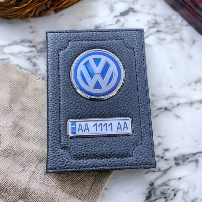 Шкіряна обкладинка для автодокументів VOLKSWAGEN з логотимом і держ.номером авто