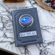 Кожаная обложка для автодокументов SUBARU с логотимом и гос.номером авто