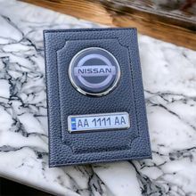 Кожаная обложка для автодокументов NISSAN с логотимом и гос.номером авто