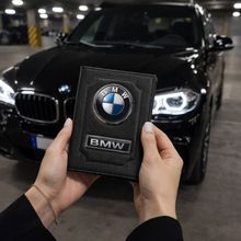 Кожаная обложка для автодокументов BMW с логотимом и гос.номером авто