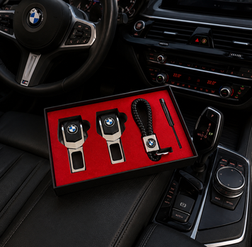 Подарунковий набір BMW заглушки ременів безпеки + шкіряний брелок для ключів