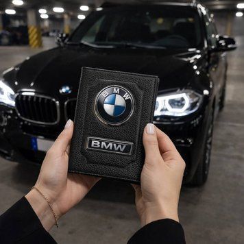 Шкіряна обкладинка для автодокументів BMW з логотимом і держ.номером авто