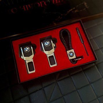 Подарочный набор BMW заглушки ремней безопасности + кожаный брелок для ключей