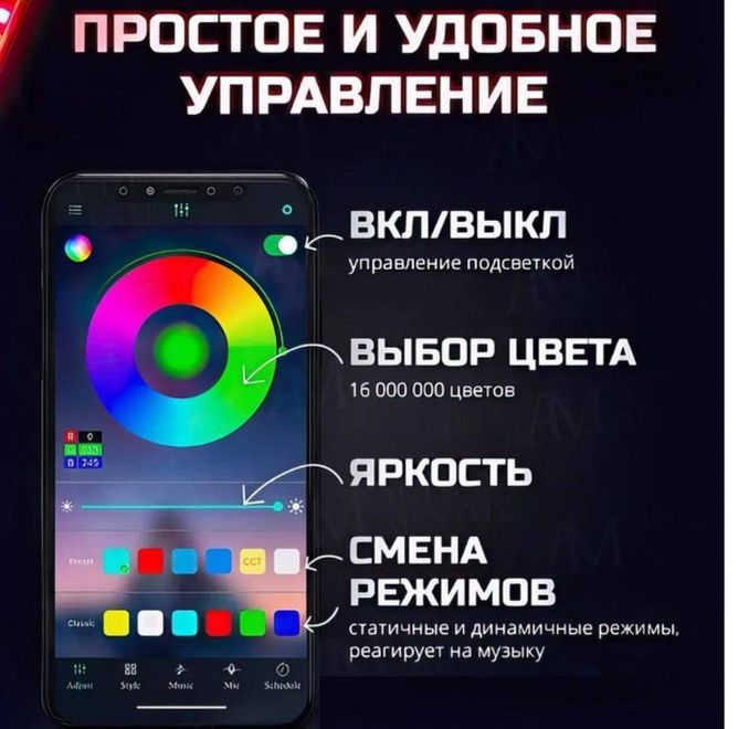 Автомобільне Bluetooth різнокольорове підсвічування салону автомобіля RGB