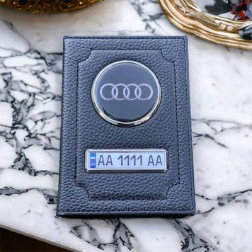 Шкіряна обкладинка для автодокументів AUDI з логотимом і держ.номером авто