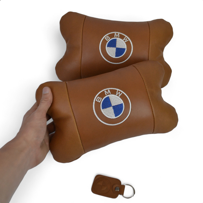 Комплект автоподушок 2шт з натуральної коричневої шкіри для BMW