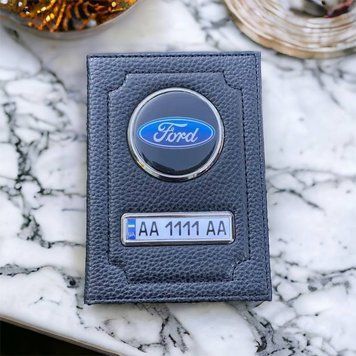 Шкіряна обкладинка для автодокументів FORD з логотимом і держ.номером авто