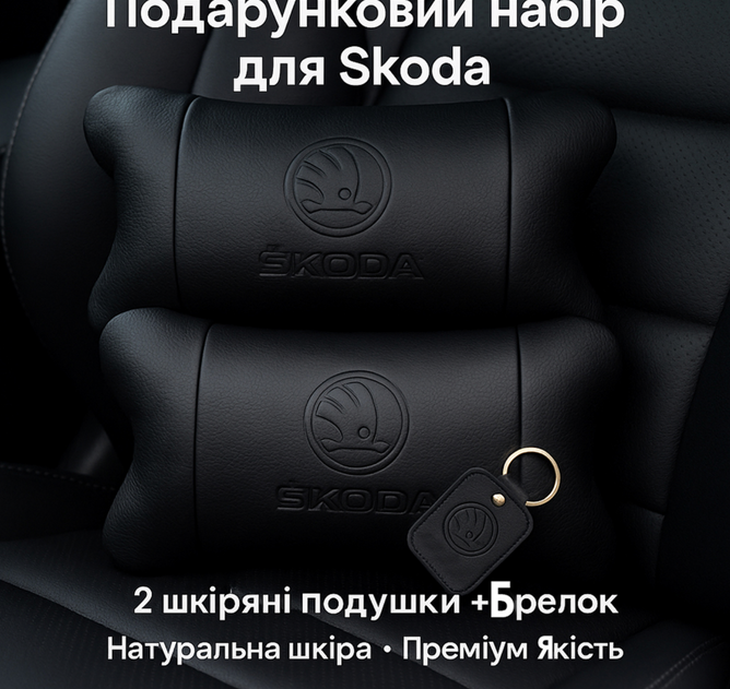 Преміальний набір автоподушок SKODA із натуральної шкіри &ndash; подушки + брелок